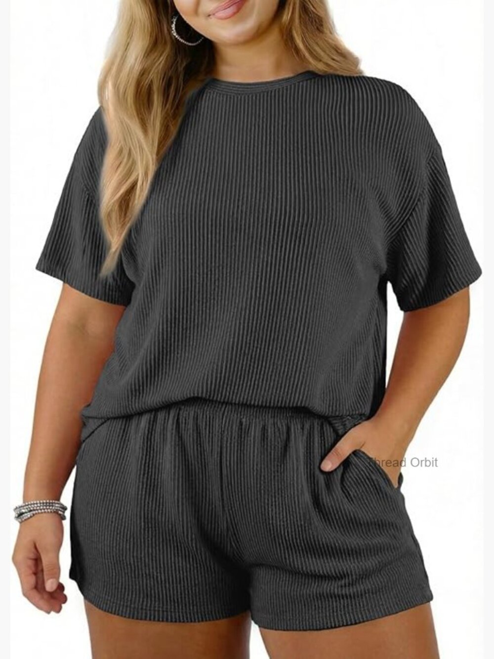 Plus Size Two Piece Lounge Set Short Sleeve Top High Waisted Shorts Pajamas